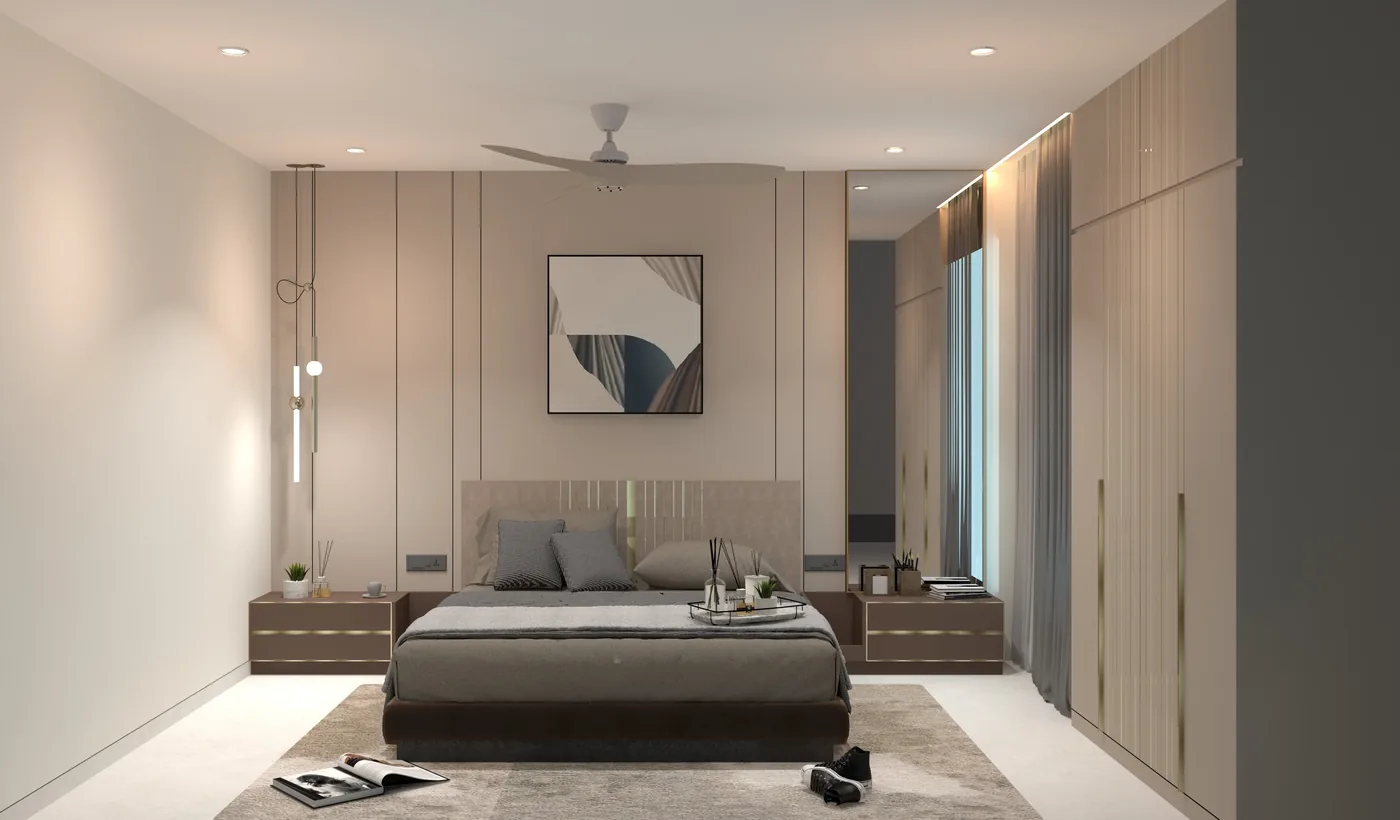 Design visualisation - warm beige master bedroom with brass accents