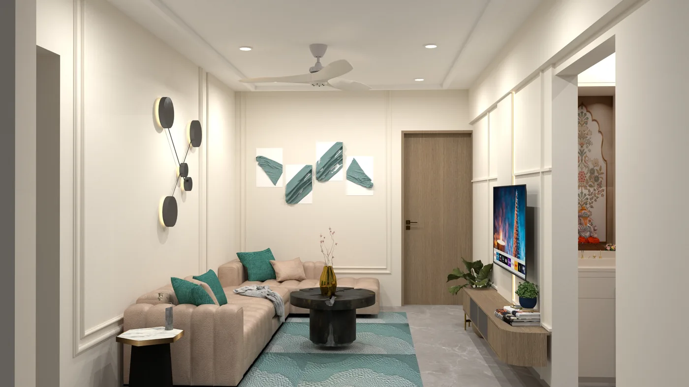 Design visualisation - living room with teal accents
