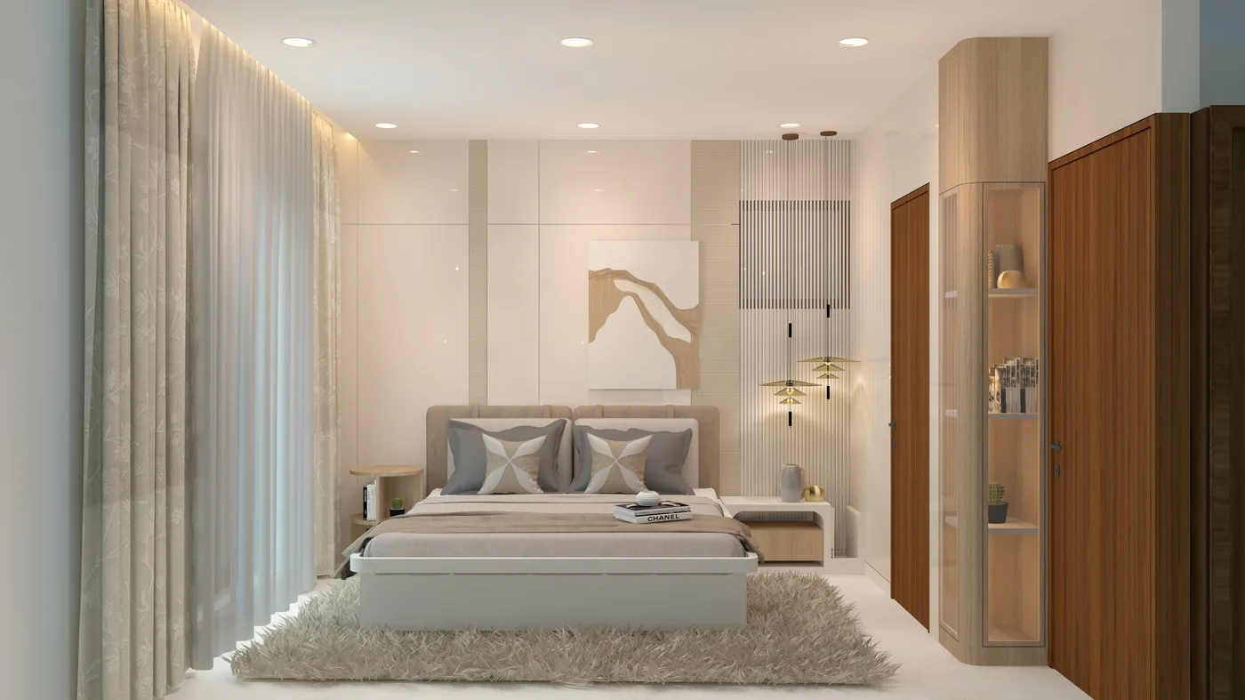 Design visualisation - cream master bedroom with wood wardrobe