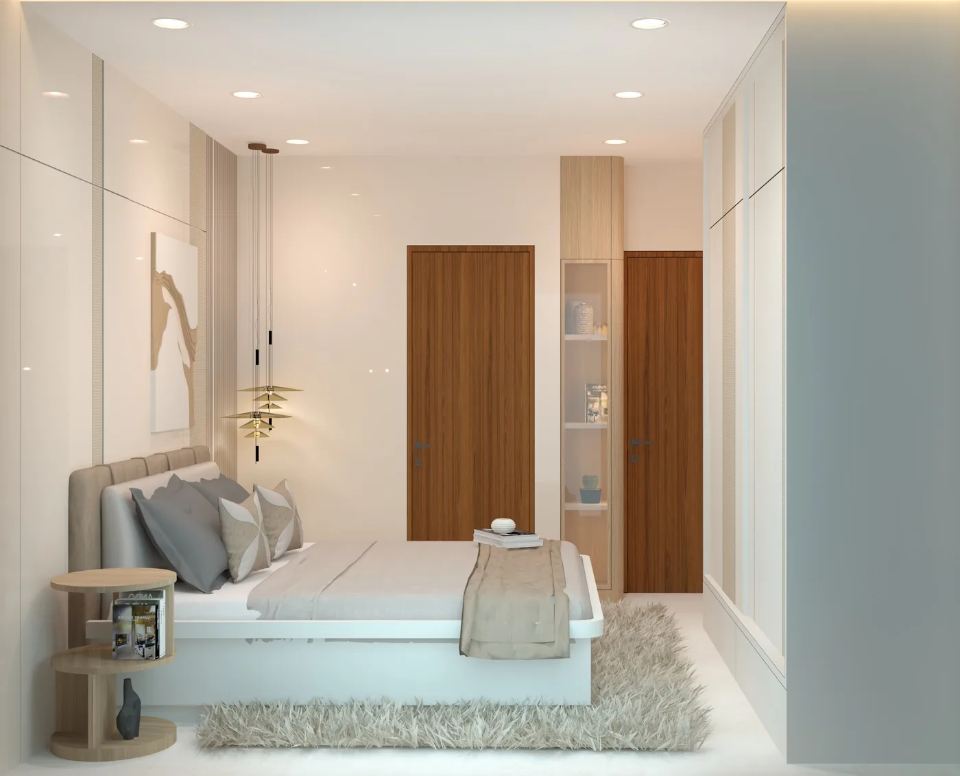 Design visualisation - white bedroom with teak doors