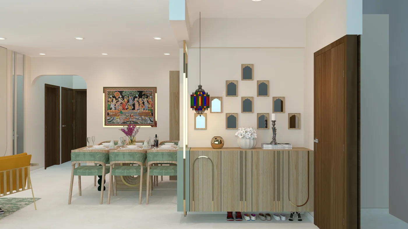 Design visualisation - dining area with feature wall