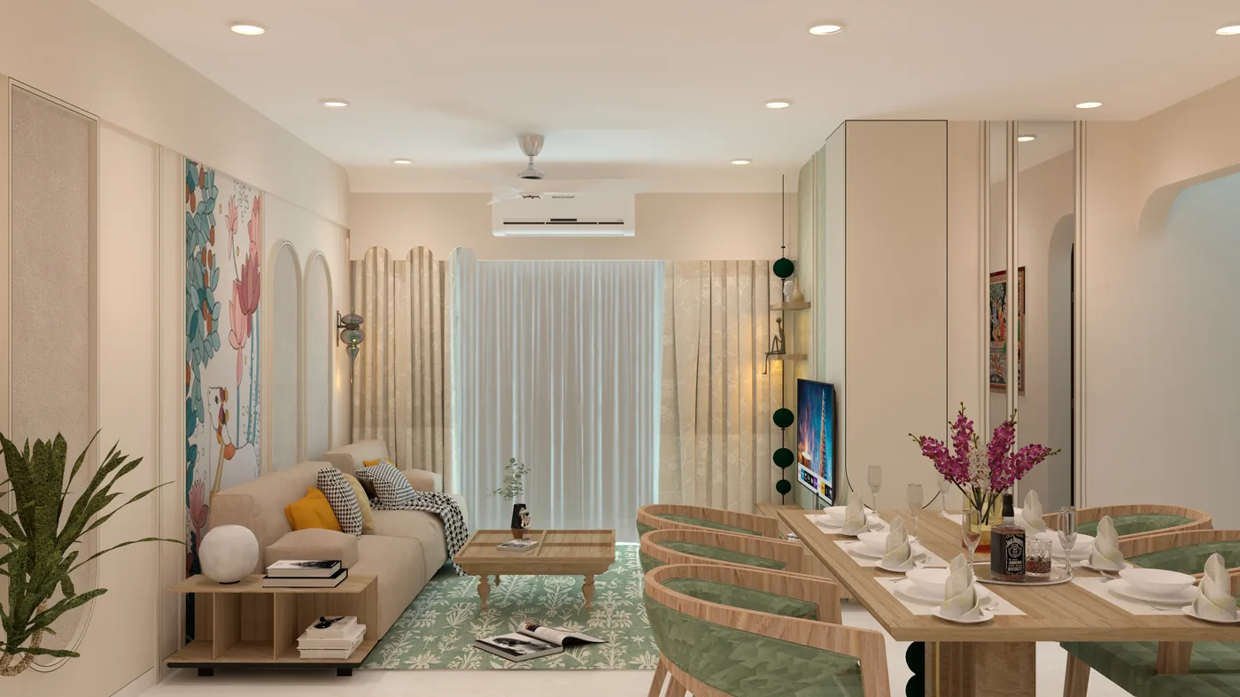 Design visualisation - living-dining with floral wall art